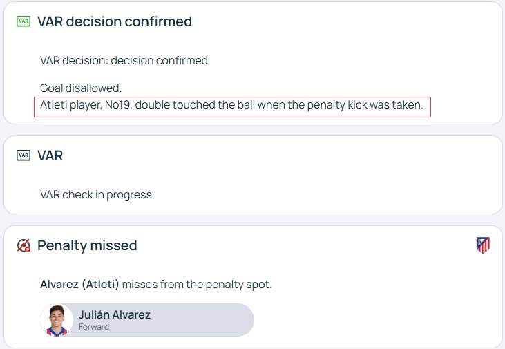 官方明確！歐冠官網(wǎng)：阿爾瓦雷斯罰點(diǎn)時(shí)2次觸球，VAR決定進(jìn)球無效